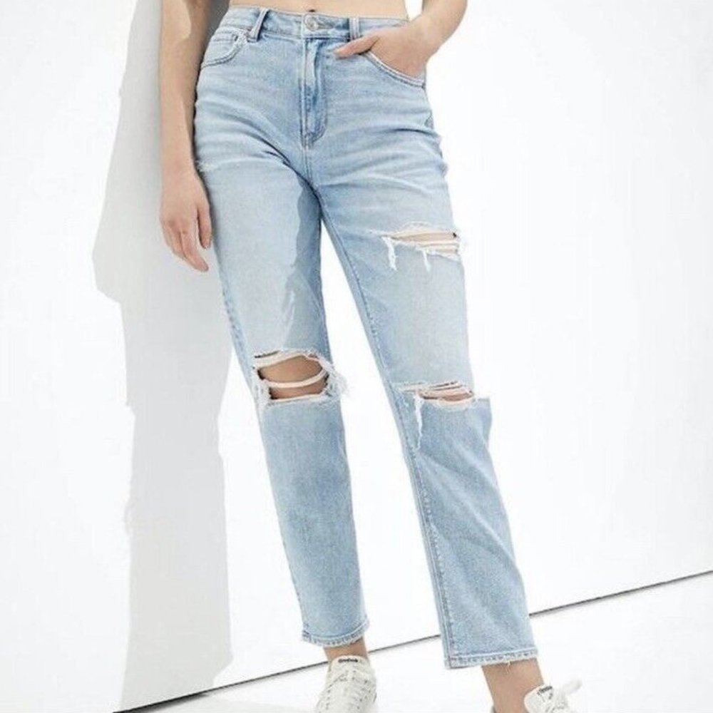 American Eagle Ripped High Rise Stretch Mom Straight Jeans Women 0